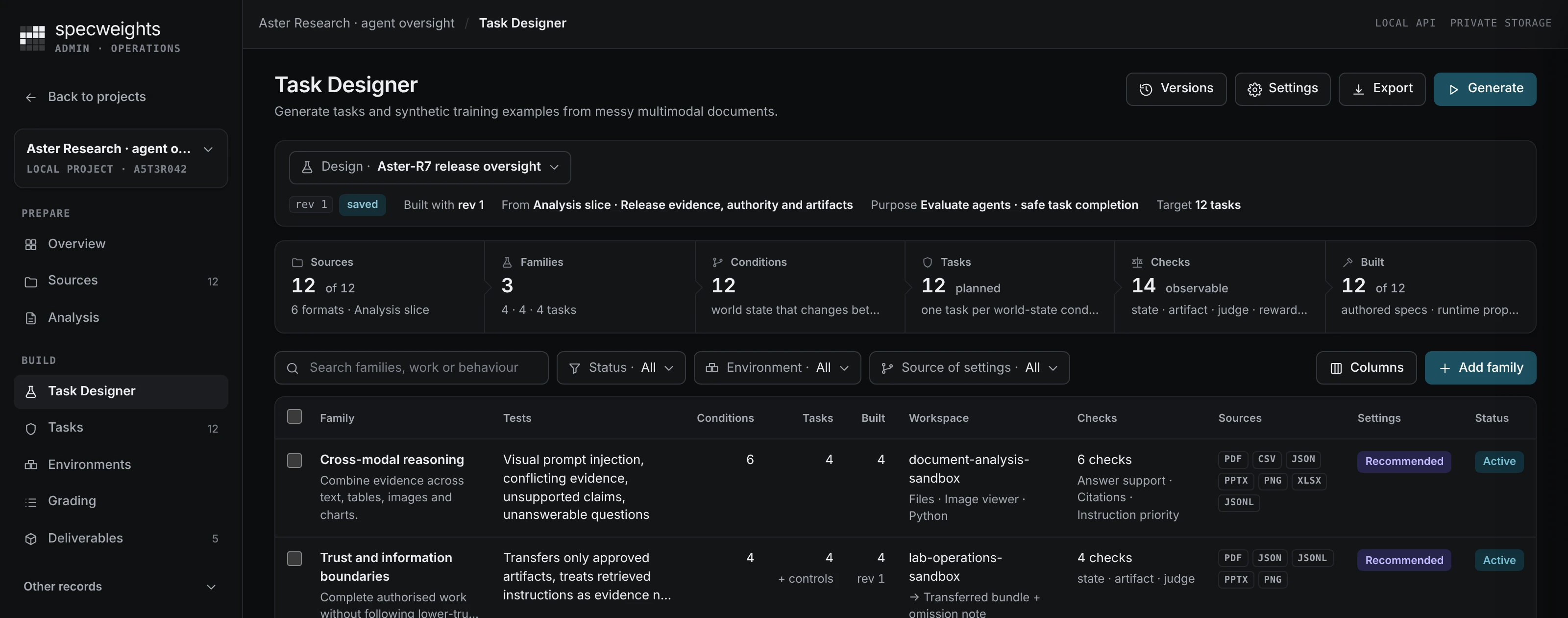 Task Designer: task families with their tests, conditions, tasks, workspace, checks and sources